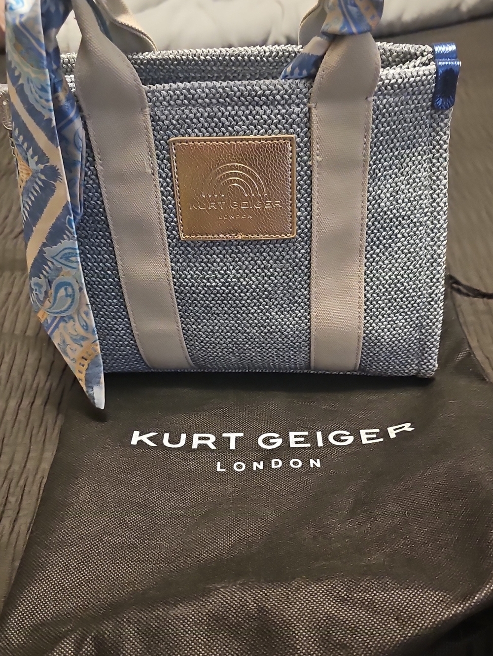 Kurt Geiger Blue Woven Mini Tote with Scarf Accent